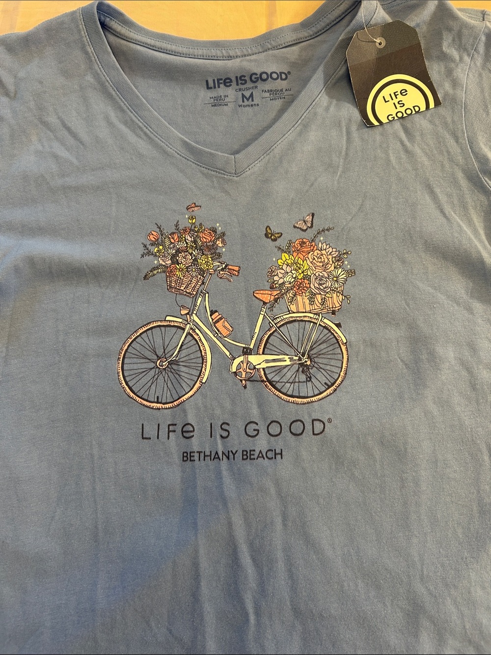 Life Is Good Blue V-Neck Tee with Floral Bicycle Graphic - Picture 3 of 9